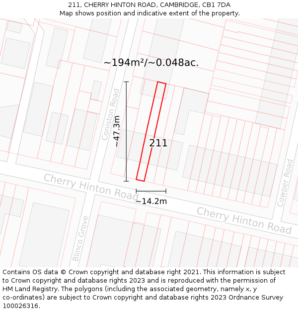211, CHERRY HINTON ROAD, CAMBRIDGE, CB1 7DA: Plot and title map