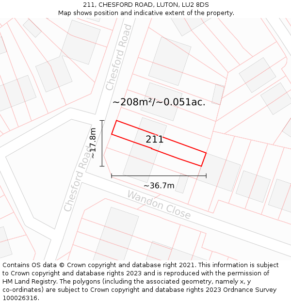 211, CHESFORD ROAD, LUTON, LU2 8DS: Plot and title map