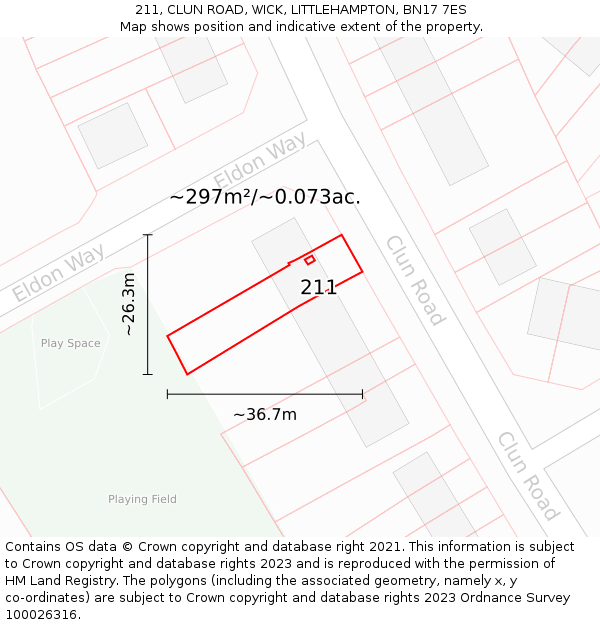 211, CLUN ROAD, WICK, LITTLEHAMPTON, BN17 7ES: Plot and title map
