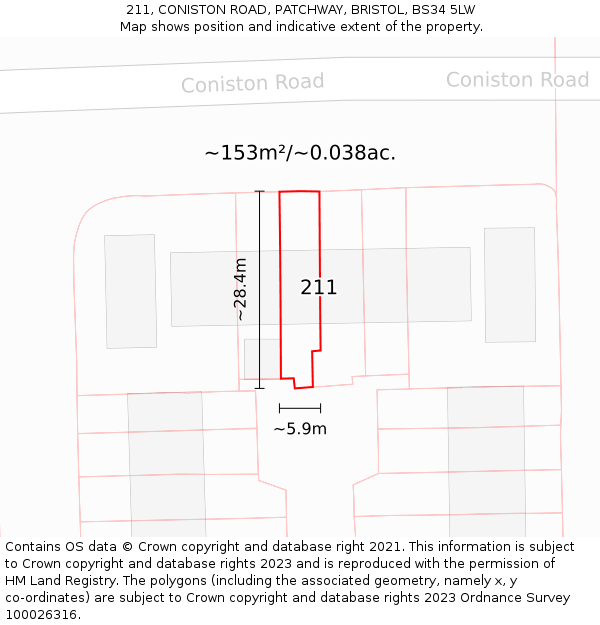 211, CONISTON ROAD, PATCHWAY, BRISTOL, BS34 5LW: Plot and title map