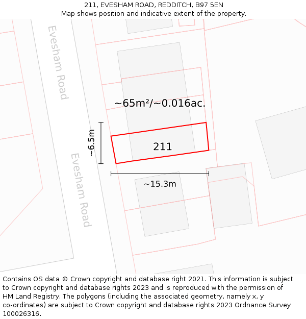 211, EVESHAM ROAD, REDDITCH, B97 5EN: Plot and title map