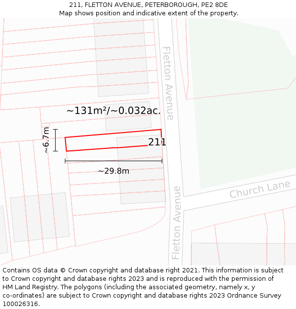 211, FLETTON AVENUE, PETERBOROUGH, PE2 8DE: Plot and title map