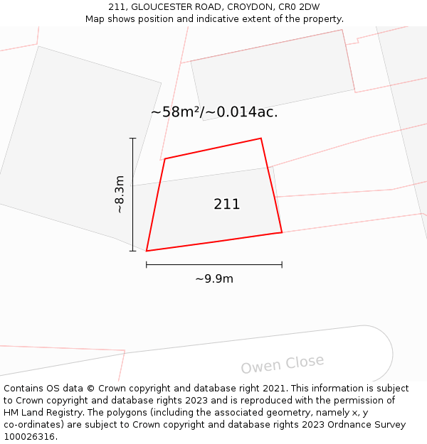 211, GLOUCESTER ROAD, CROYDON, CR0 2DW: Plot and title map