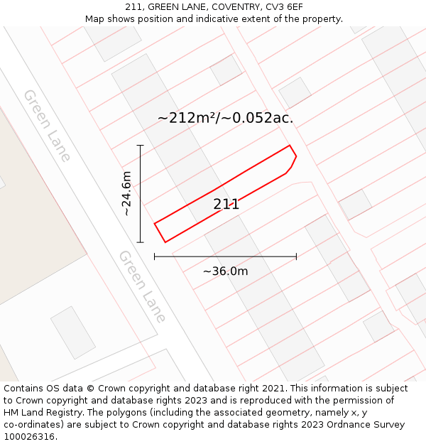 211, GREEN LANE, COVENTRY, CV3 6EF: Plot and title map
