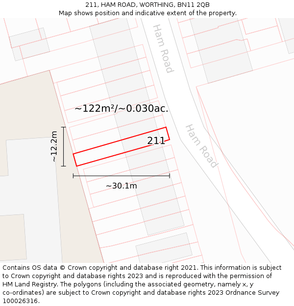 211, HAM ROAD, WORTHING, BN11 2QB: Plot and title map