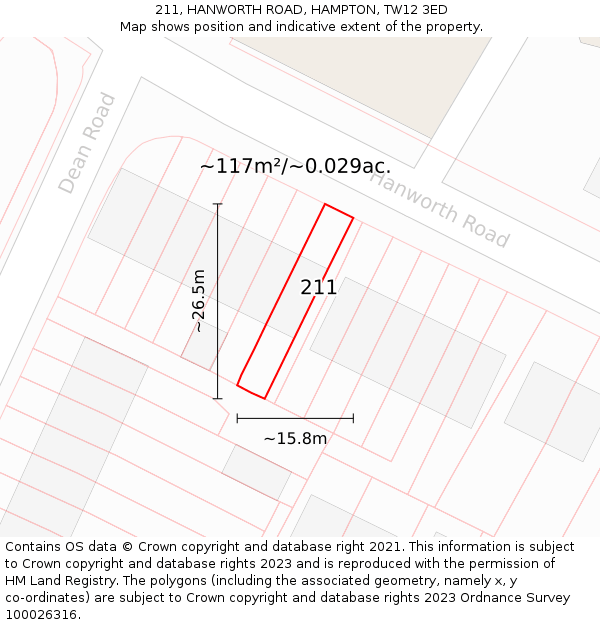 211, HANWORTH ROAD, HAMPTON, TW12 3ED: Plot and title map
