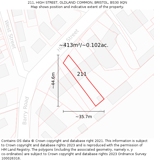 211, HIGH STREET, OLDLAND COMMON, BRISTOL, BS30 9QN: Plot and title map