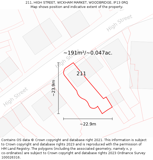 211, HIGH STREET, WICKHAM MARKET, WOODBRIDGE, IP13 0RQ: Plot and title map