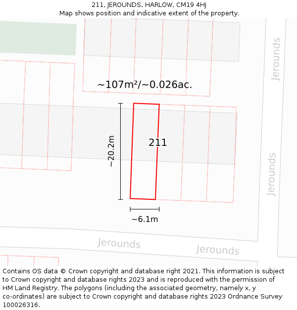211, JEROUNDS, HARLOW, CM19 4HJ: Plot and title map