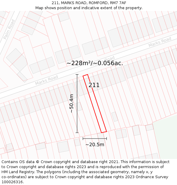 211, MARKS ROAD, ROMFORD, RM7 7AF: Plot and title map