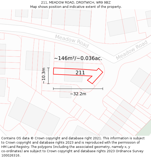 211, MEADOW ROAD, DROITWICH, WR9 9BZ: Plot and title map