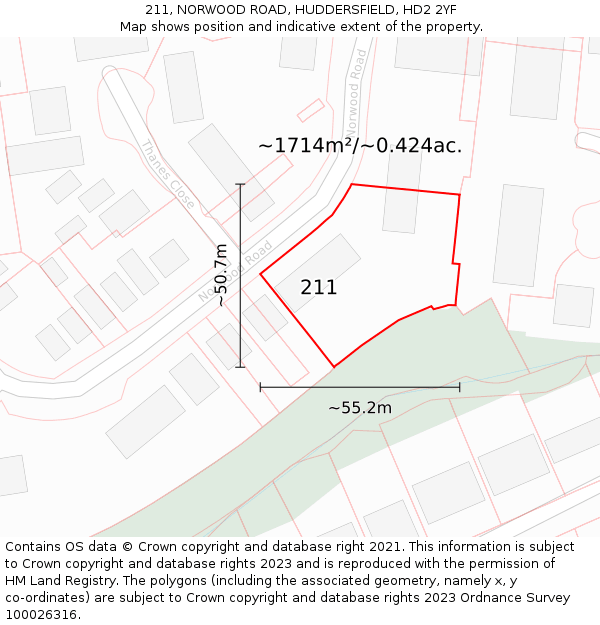 211, NORWOOD ROAD, HUDDERSFIELD, HD2 2YF: Plot and title map