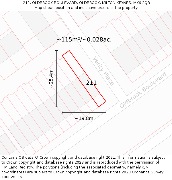 211, OLDBROOK BOULEVARD, OLDBROOK, MILTON KEYNES, MK6 2QB: Plot and title map