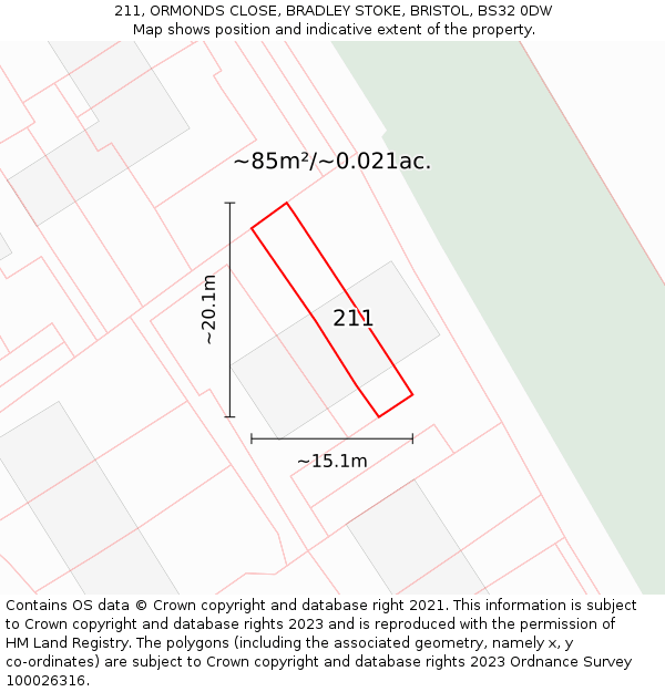 211, ORMONDS CLOSE, BRADLEY STOKE, BRISTOL, BS32 0DW: Plot and title map