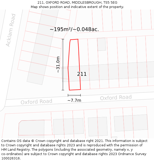211, OXFORD ROAD, MIDDLESBROUGH, TS5 5EG: Plot and title map