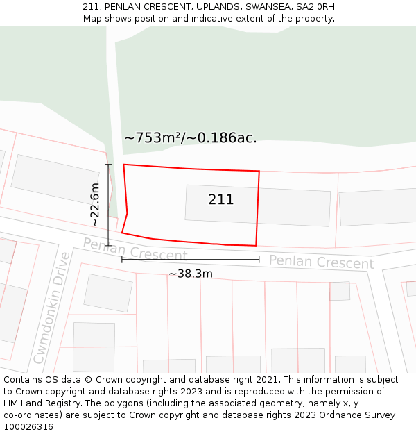 211, PENLAN CRESCENT, UPLANDS, SWANSEA, SA2 0RH: Plot and title map
