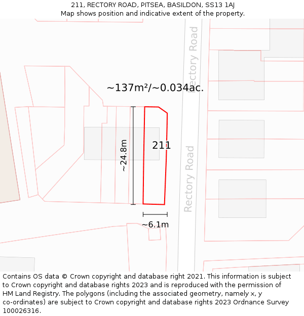 211, RECTORY ROAD, PITSEA, BASILDON, SS13 1AJ: Plot and title map