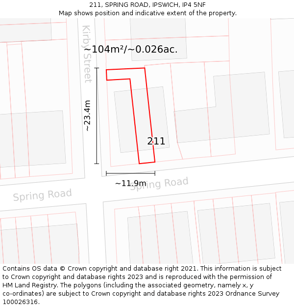 211, SPRING ROAD, IPSWICH, IP4 5NF: Plot and title map