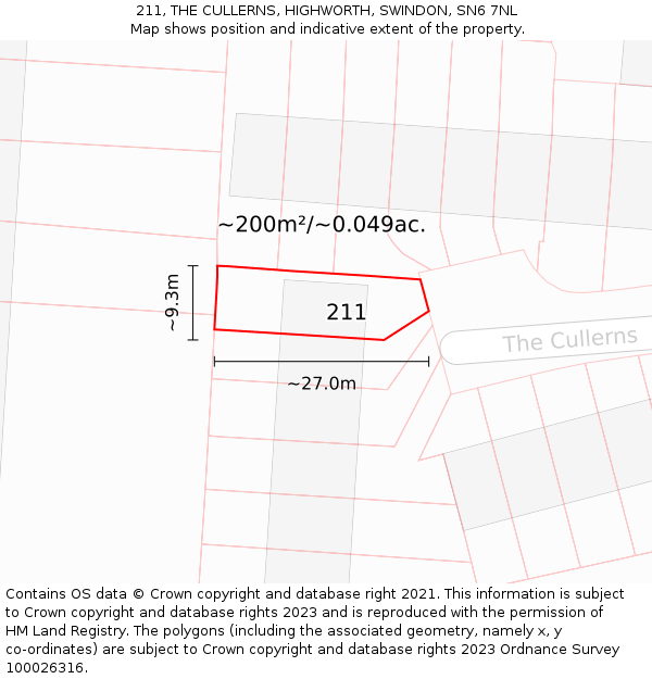 211, THE CULLERNS, HIGHWORTH, SWINDON, SN6 7NL: Plot and title map