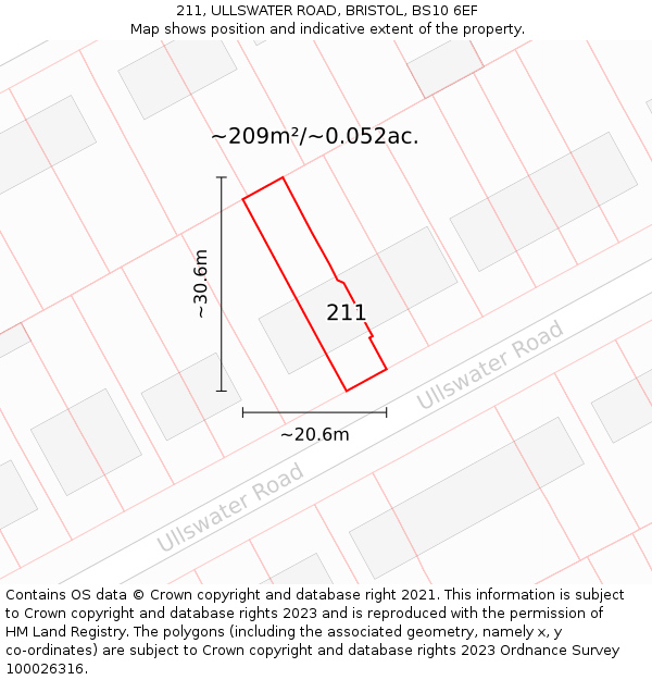 211, ULLSWATER ROAD, BRISTOL, BS10 6EF: Plot and title map