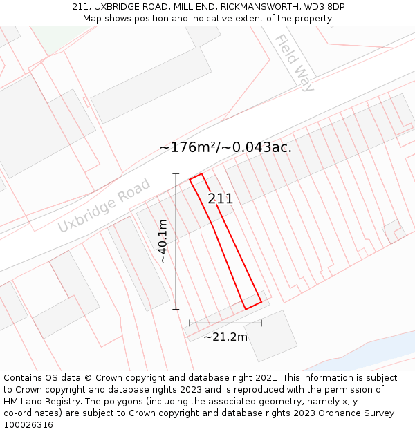 211, UXBRIDGE ROAD, MILL END, RICKMANSWORTH, WD3 8DP: Plot and title map