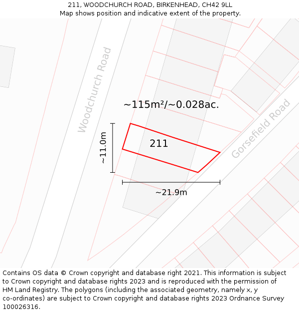 211, WOODCHURCH ROAD, BIRKENHEAD, CH42 9LL: Plot and title map
