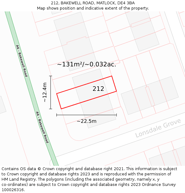 212, BAKEWELL ROAD, MATLOCK, DE4 3BA: Plot and title map