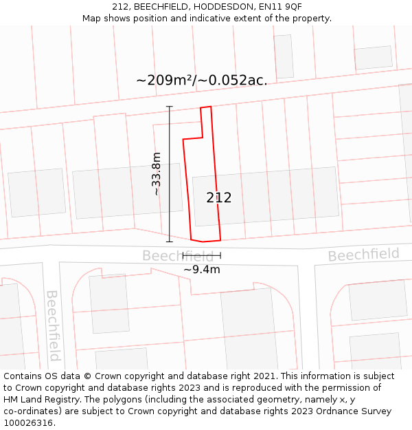 212, BEECHFIELD, HODDESDON, EN11 9QF: Plot and title map