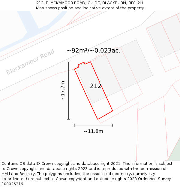 212, BLACKAMOOR ROAD, GUIDE, BLACKBURN, BB1 2LL: Plot and title map