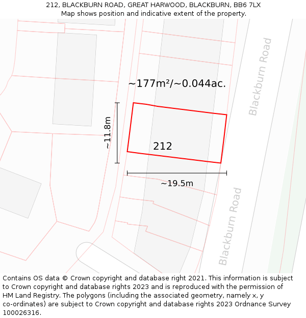 212, BLACKBURN ROAD, GREAT HARWOOD, BLACKBURN, BB6 7LX: Plot and title map
