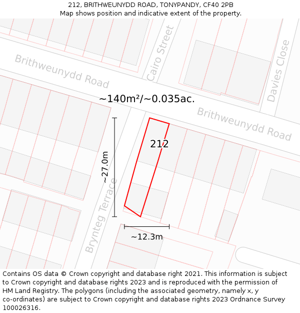 212, BRITHWEUNYDD ROAD, TONYPANDY, CF40 2PB: Plot and title map