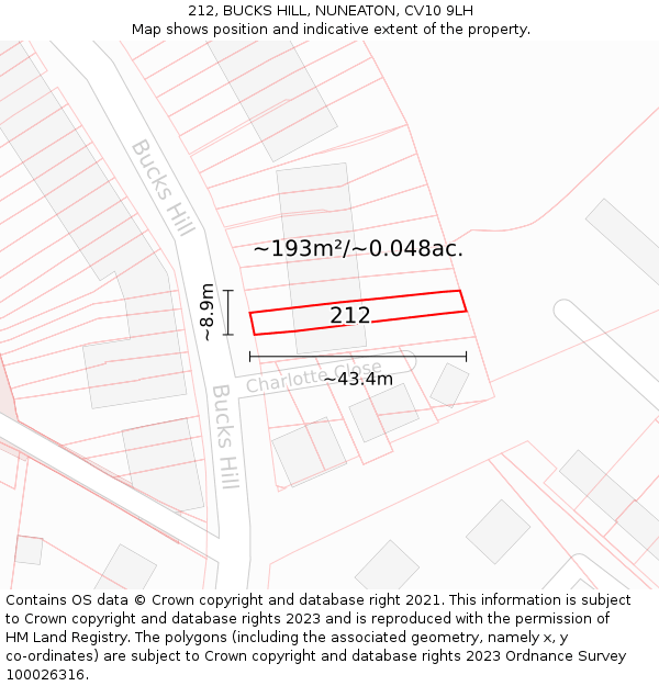 212, BUCKS HILL, NUNEATON, CV10 9LH: Plot and title map