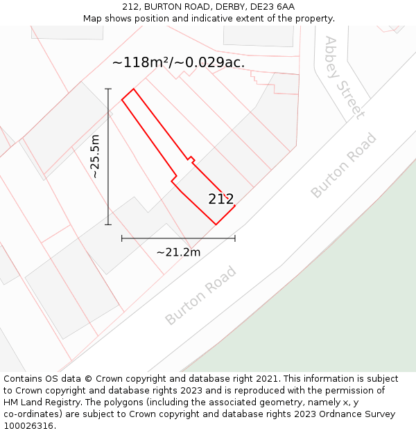 212, BURTON ROAD, DERBY, DE23 6AA: Plot and title map