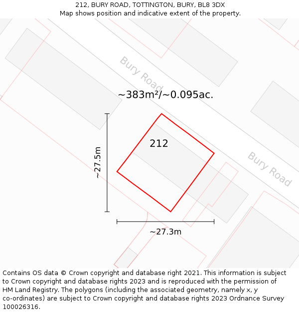212, BURY ROAD, TOTTINGTON, BURY, BL8 3DX: Plot and title map