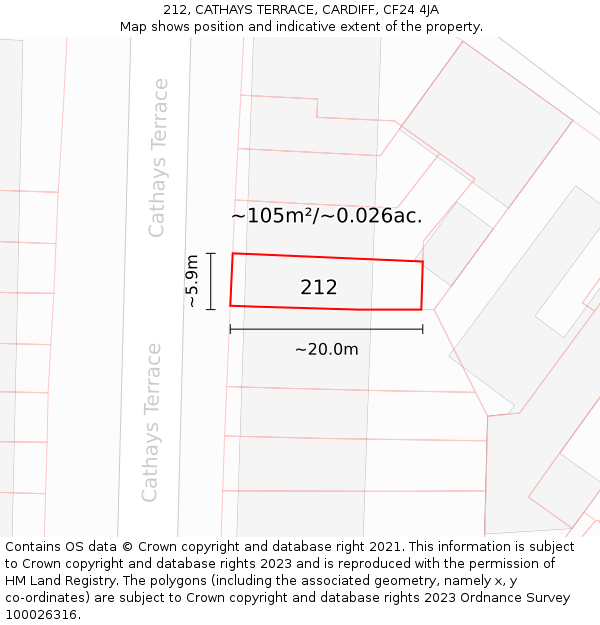 212, CATHAYS TERRACE, CARDIFF, CF24 4JA: Plot and title map