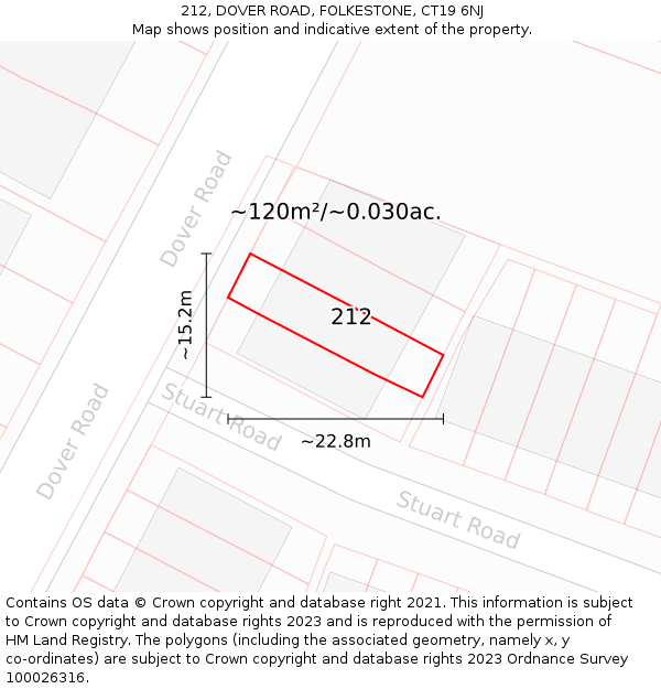212, DOVER ROAD, FOLKESTONE, CT19 6NJ: Plot and title map
