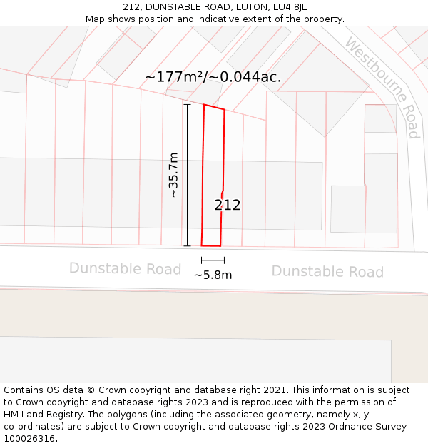 212, DUNSTABLE ROAD, LUTON, LU4 8JL: Plot and title map