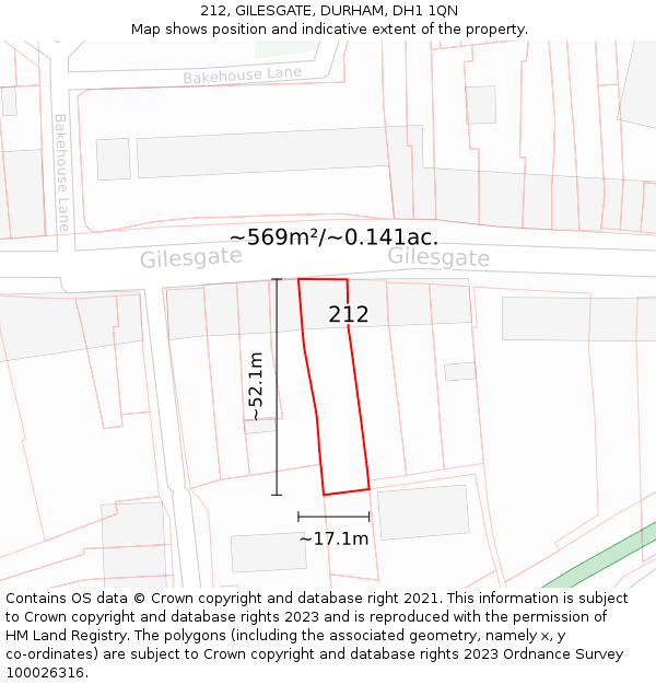 212, GILESGATE, DURHAM, DH1 1QN: Plot and title map