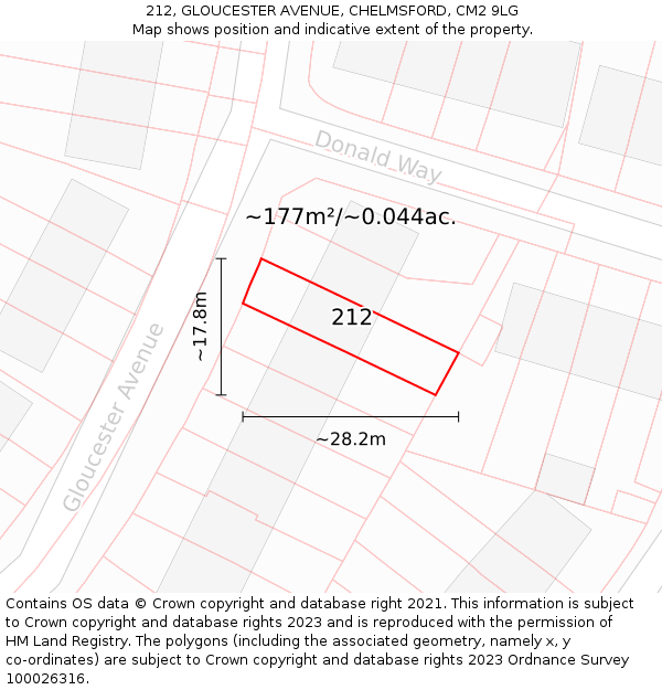 212, GLOUCESTER AVENUE, CHELMSFORD, CM2 9LG: Plot and title map