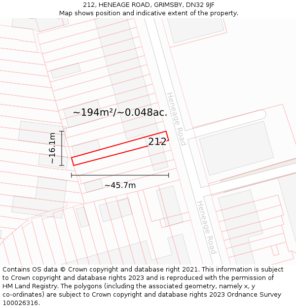 212, HENEAGE ROAD, GRIMSBY, DN32 9JF: Plot and title map