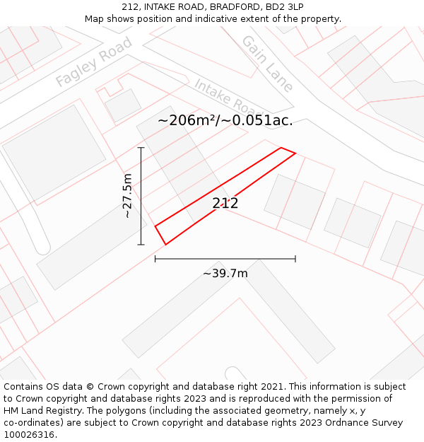 212, INTAKE ROAD, BRADFORD, BD2 3LP: Plot and title map