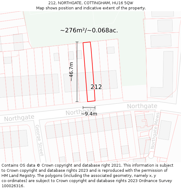 212, NORTHGATE, COTTINGHAM, HU16 5QW: Plot and title map