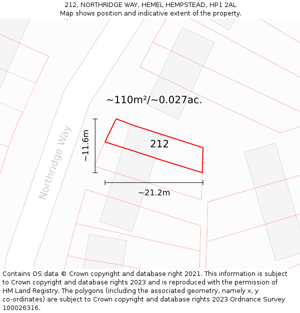 212, NORTHRIDGE WAY, HEMEL HEMPSTEAD, HP1 2AL: Plot and title map