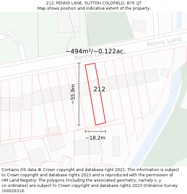 212, PENNS LANE, SUTTON COLDFIELD, B76 1JT: Plot and title map
