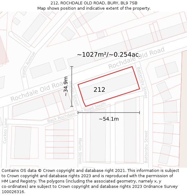 212, ROCHDALE OLD ROAD, BURY, BL9 7SB: Plot and title map