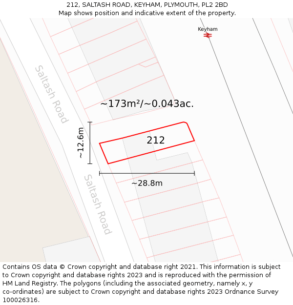 212, SALTASH ROAD, KEYHAM, PLYMOUTH, PL2 2BD: Plot and title map