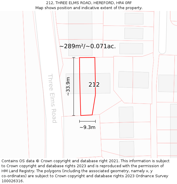 212, THREE ELMS ROAD, HEREFORD, HR4 0RF: Plot and title map
