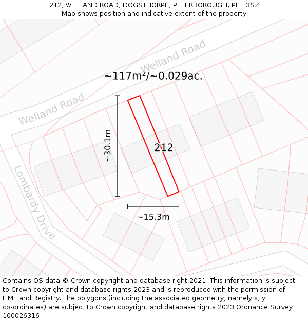 212, WELLAND ROAD, DOGSTHORPE, PETERBOROUGH, PE1 3SZ: Plot and title map