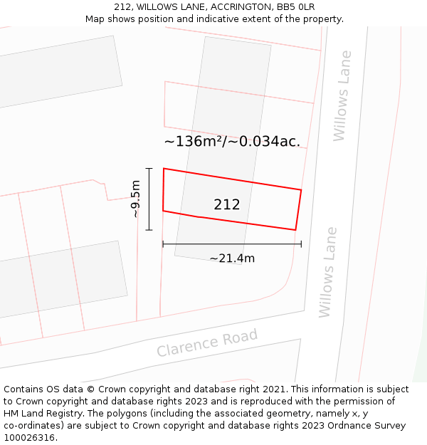 212, WILLOWS LANE, ACCRINGTON, BB5 0LR: Plot and title map