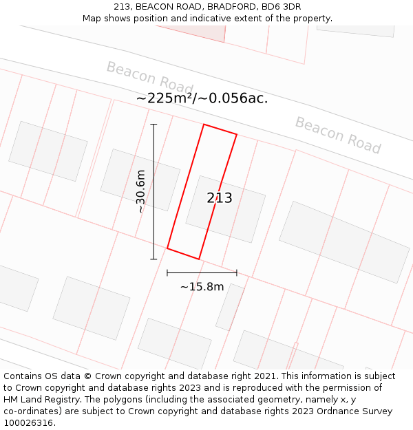 213, BEACON ROAD, BRADFORD, BD6 3DR: Plot and title map